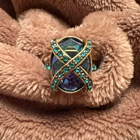 SZ 7 | Heidi Daus Vintage Gold, Teal, & Blue Oval-Cut Crystal Diamond Ring - Picture 4 of 11